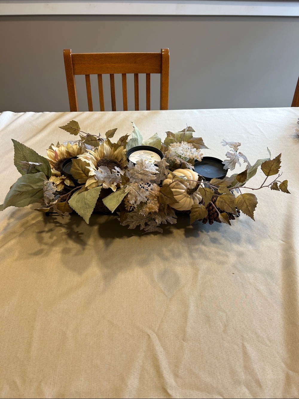 Faux Fall Floral Candle Centerpiece in Cream and Green